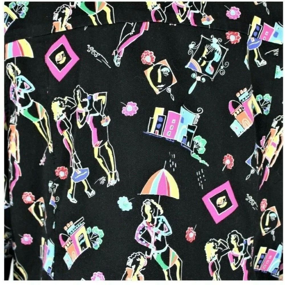 Jacket Lightweight Button Up Cottagecore Fashion Themed Print Pockets Black Sz L - Picture 5 of 7